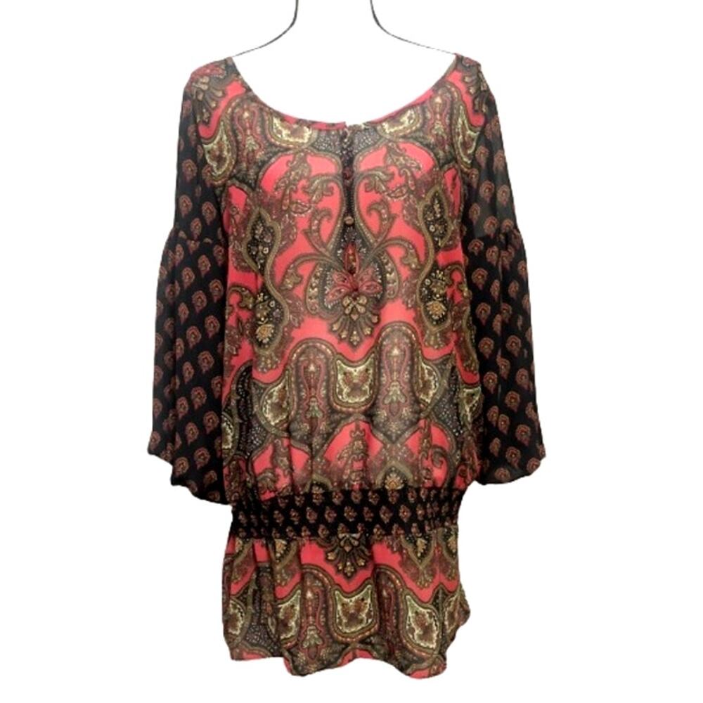 Jones New York Sport Bohemian Paisley Sheer Top Blouse Smocked Red Size 1X New